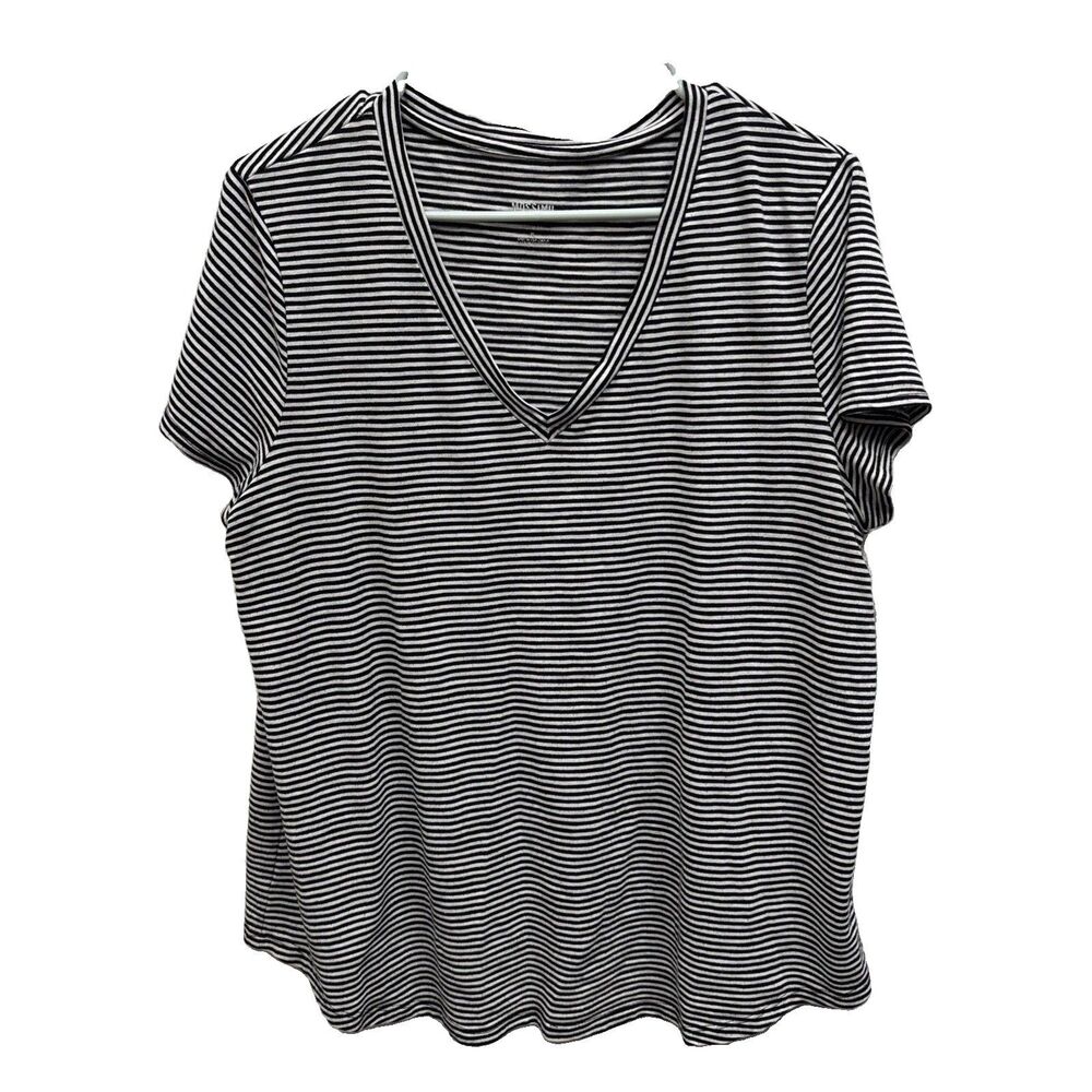 Mossimo Top black white stripe V neck XL Retro Cotton Blend Short Sleeve Stretch